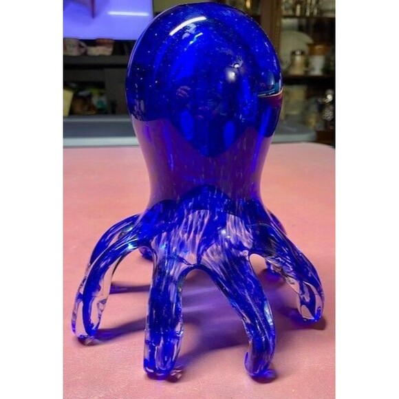 Vtg 7in Glass Hand Blown Blue Clear Octopus Paperweight Sea Creature Ocean Life - Picture 3 of 10
